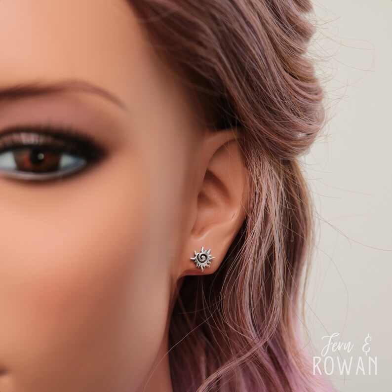 Model Photo - Tiny Spiral Sun Stud Earrings, Sterling Silver Sunburst Earrings | Fern & Rowan