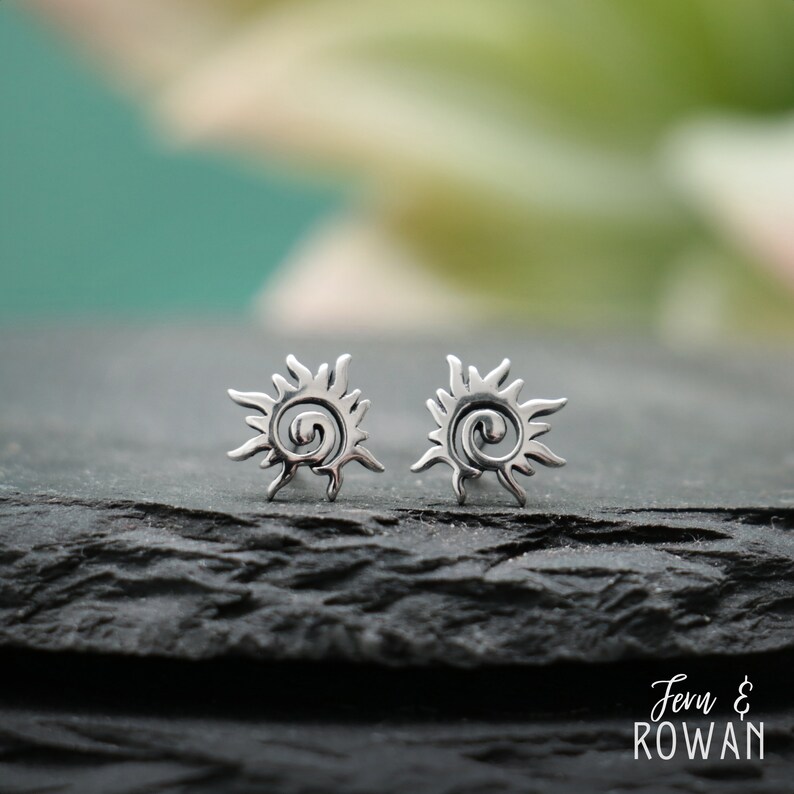 Tiny Spiral Sun Stud Earrings, Sterling Silver Sunburst Earrings | Fern & Rowan