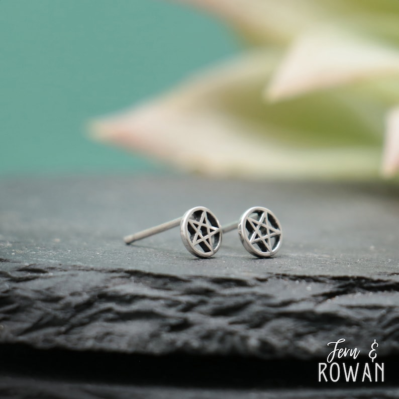 Tiny Protection Star Stud Earrings, Sterling Silver Pentacle Earrings | Fern & Rowan