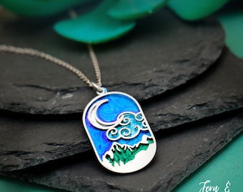 Crescent Moon and Mountain Necklace, Unique Mountain Pendant, Nature Travel Jewelry, Gift For Hiker, Nature Necklace | Fern & Rowan