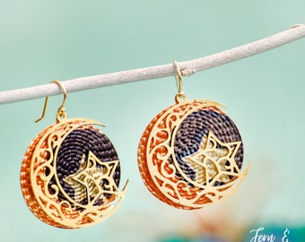 Colorful Filigree Crescent Moon Earrings with Star, Gold Moon and Star Dangle Earrings, Round Lunar Earrings, Gift for Her | Fern & Rowan