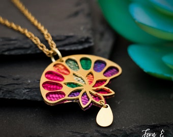 Rainbow Fan Necklace, Gold Fan Shaped Pendant Necklace, Art Deco Necklace, Multicolored Fan Pendant, Subtle Pride Jewelry | Fern & Rowan