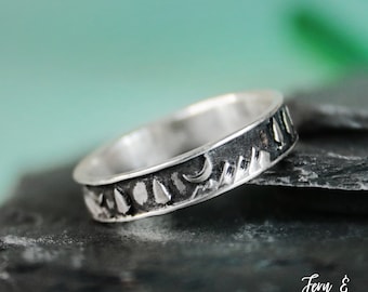 Crescent Moon Mountain and Trees Ring, Sterling Silver Mountain Range Ring, Nature Mountain Jewelry, Landscape Ring | Fern & Rowan