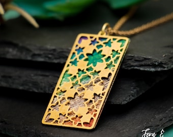 Gold Filigree Rectangle Bar Pendant, Pastel Watercolor Charm Necklace, Multicolor Hand Painted Statement Jewelry | Fern & Rowan