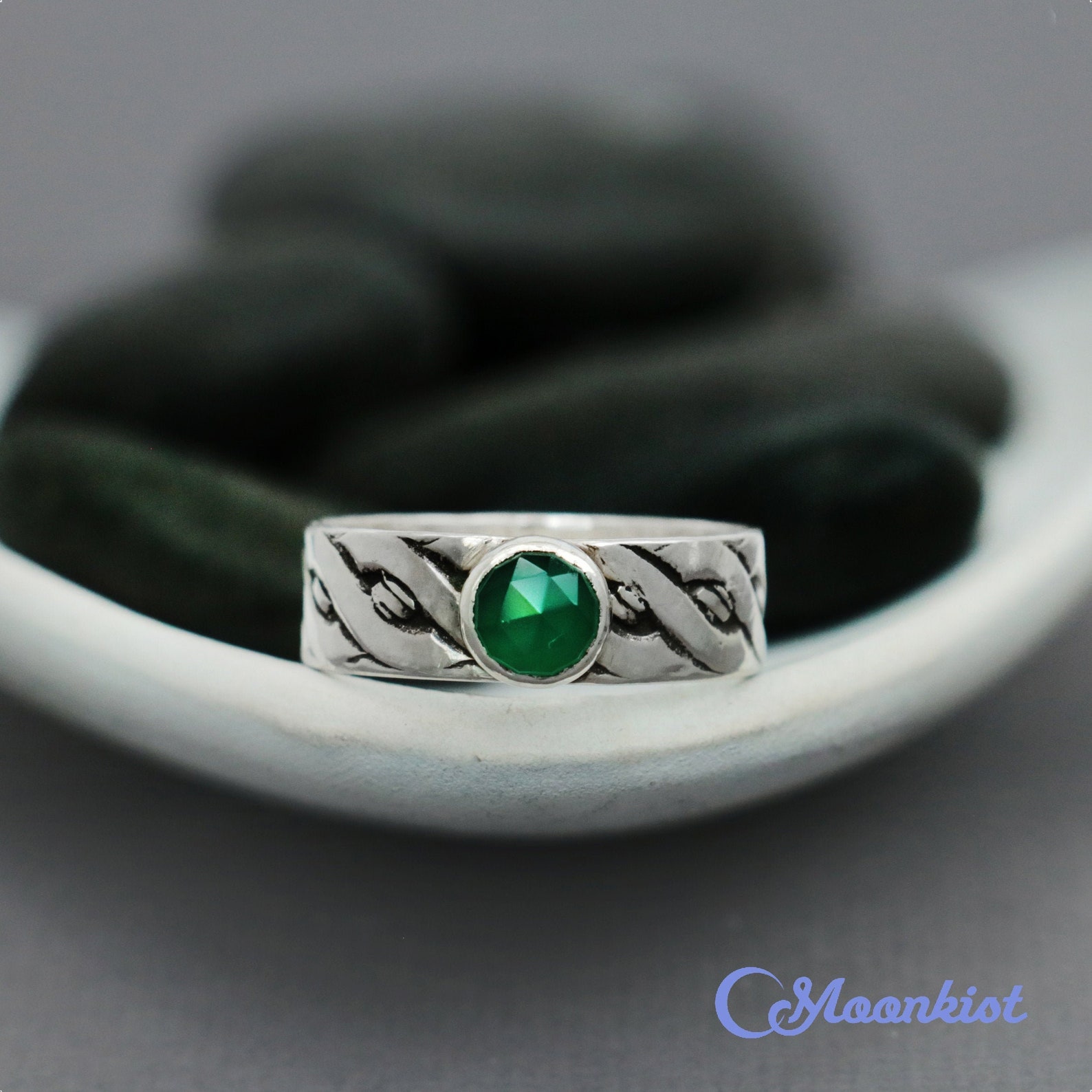 Mens Green Stone Ring Sterling Silver Celtic Wedding Band Etsy