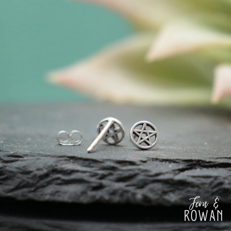 Tiny Protection Star Stud Earrings, Sterling Silver Pentacle Earrings | Fern & Rowan