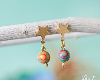 Little Star and Planet Dangle Earrings, Celestial Earrings, Outer Space Earrings, Solar System Science Jewelry for Teacher | Fern & Rowan