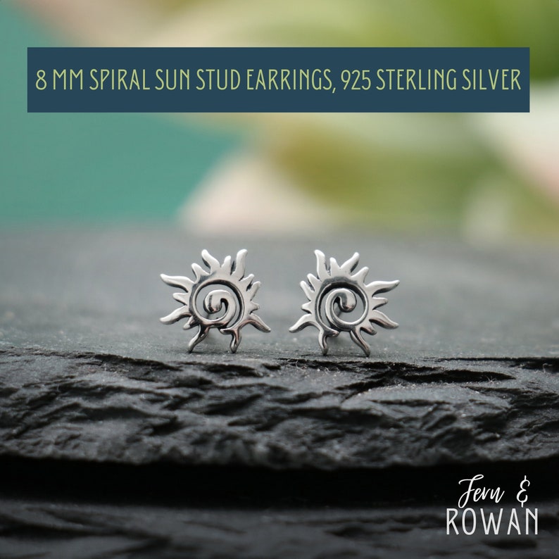 Tiny Spiral Sun Stud Earrings, Sterling Silver Sunburst Earrings | Fern & Rowan