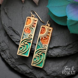 Multicolor Ocean Bar Earrings, Rectangular Beach Earrings, Beach Dangle Earrings, Wave Drop Earrings, Summer Earrings | Fern & Rowan