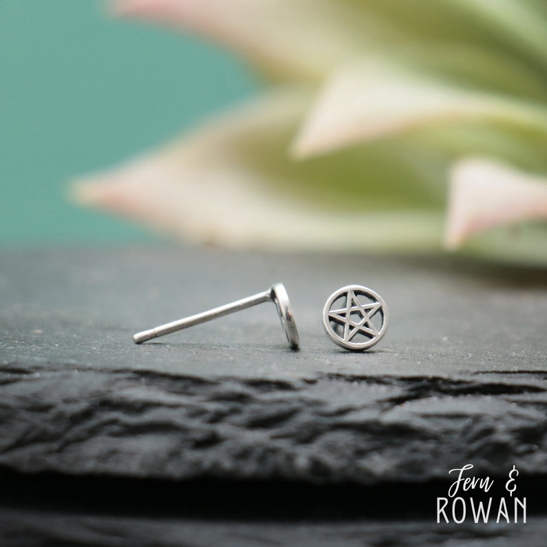 Tiny Protection Star Stud Earrings, Sterling Silver Pentacle Earrings | Fern & Rowan