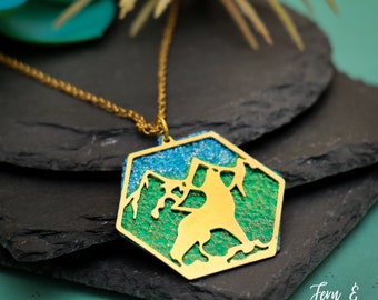 Wolf and Mountain Necklace, Howling Wolf Pendant, Brass Laser Cut Pendant, Wolf Jewelry Gift, Wolf Lover Gift for Her | Fern & Rowan