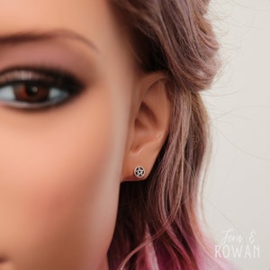 Model Photo - Tiny Protection Star Stud Earrings, Sterling Silver Pentacle Earrings | Fern & Rowan