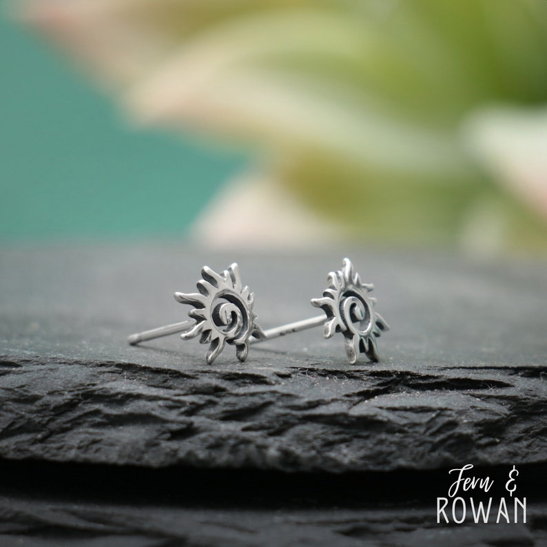 Tiny Spiral Sun Stud Earrings, Sterling Silver Sunburst Earrings | Fern & Rowan