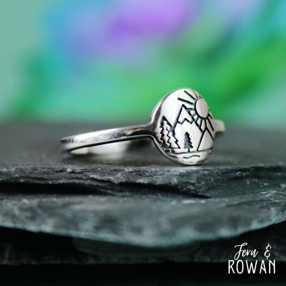 Engraved Sun Mountain and Forest Ring Sterling Silver Mountain