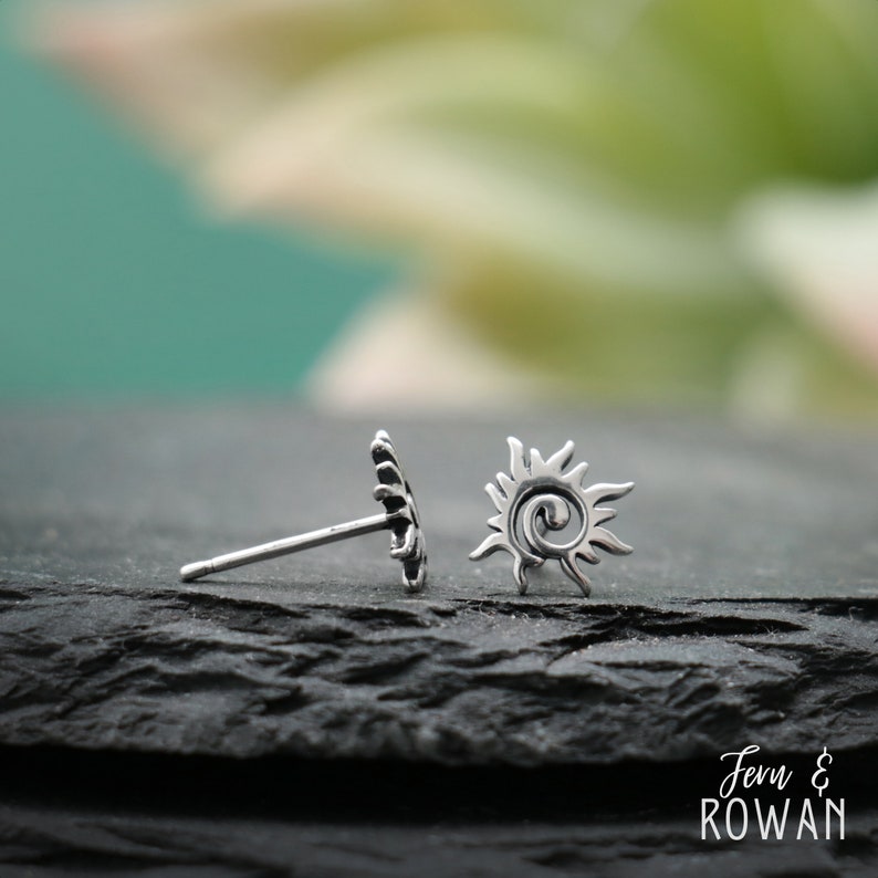 Tiny Spiral Sun Stud Earrings, Sterling Silver Sunburst Earrings | Fern & Rowan