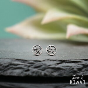 Tiny Protection Star Stud Earrings, Sterling Silver Pentacle Earrings | Fern & Rowan