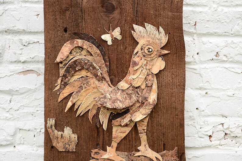 Rooster Wall Art Decor Kitchen Bark Nature Rustic