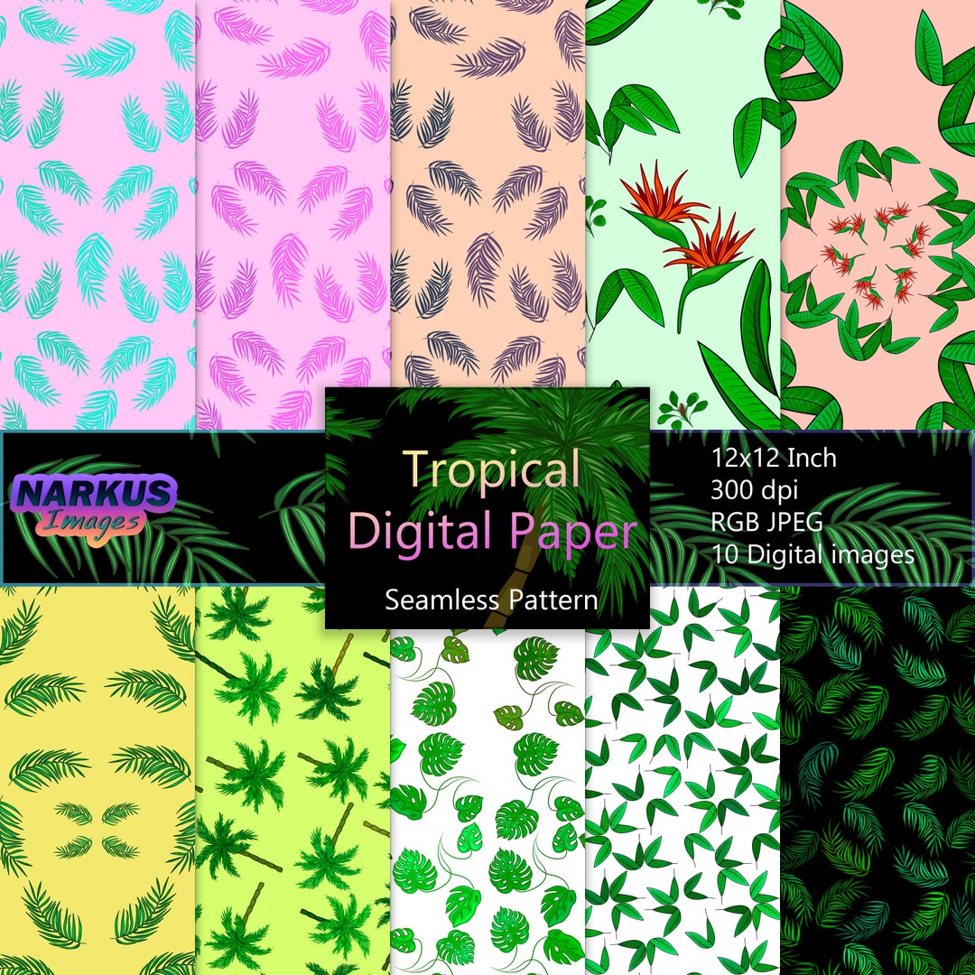 Tropical Leaves and Palm Trees Seamless Pattern Digital Paper Set of 10 ...