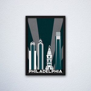 Philadelphia Skyline Poster ft. City Hall, Liberty Place, and Comcast Center in Philly Eagles, Sixers, & Flyers colors image 1