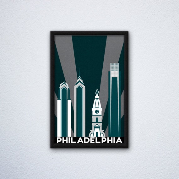 Philadelphia Skyline Poster ft. City Hall, Liberty Place, and Comcast Center in Philly Eagles, Sixers, & Flyers colors