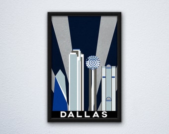 Dallas Skyline Poster featuring the iconic Reunion tower in Dallas Cowboys / Dallas Mavericks and Dallas Stars colors