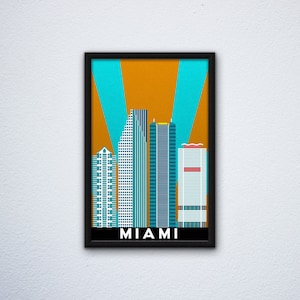 Miami Skyline Poster ft. Southeast Financial Center, 50 Biscayne, and Asia Tower in Miami Heat and Miami Dolphins colors