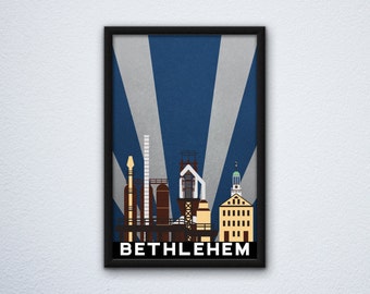 Bethlehem Pennsylvania Skyline Poster ft. the iconic Steel Stacks and the Moravian Church