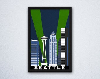 Seattle Skyline Poster featuring the Space Needle in Seattle Seahawks colors