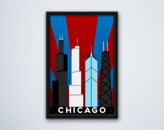 Chicago Skyline Poster ft. Willis / Sears Tower, Trump Tower, Two Prudential Plaza, and John Hancock Center - Flag & Bears colors