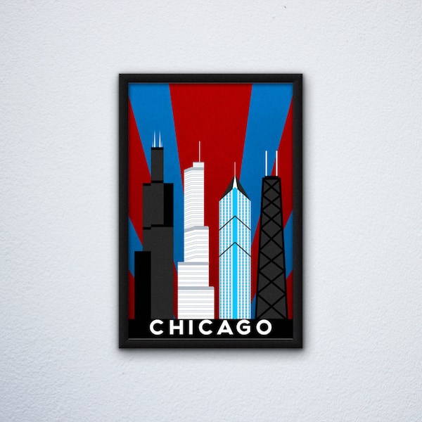 Chicago Skyline Poster ft. Willis / Sears Tower, Trump Tower, Two Prudential Plaza, and John Hancock Center - Flag & Bears colors