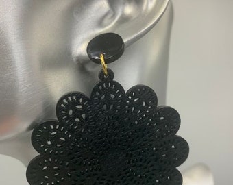 Flower drop earrings made of laser cut wood hand painted