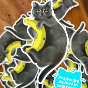 cute cat sticker - *Profits benefit independent animal rescues*  Russian blue grey cat kawaii fruit banana  vinyl water bottle sticker
