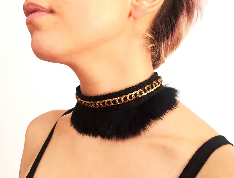 Black and Gold fur choker, unisex jewelry, fun accessories 