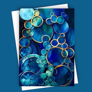 Boucles sacrées | Carte de voeux vierge 5 x 7, papeterie or bleu abstrait, carte de correspondance moderne, design unique, papeterie cercles, toutes les occasions