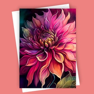 ファンシー ダリア #1 | 空白の 5x7 グリーティング カード、花柄の文房具、ダリアの花のアート、カラフルな花のカード、ユニークな花柄のデザイン、内側は空白