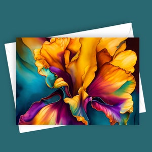 Peut inclure: Une peinture abstraite vibrante d'une fleur aux pétales jaunes, violets et bleus. La fleur est peinte dans un style réaliste, avec des lignes douces et fluides et un sentiment de mouvement.