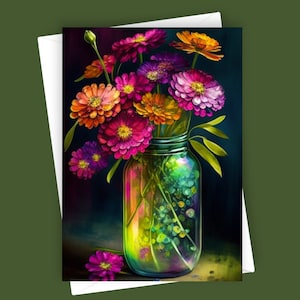 Zinnias fantaisie en bocal | Carte de voeux vierge 5 x 7, papeterie florale colorée, carte fleurs vibrantes, carte d'art Zinnia, carte toutes occasions
