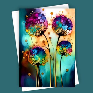 Fancy Alliums #1 | Cartão de felicitações em branco 5x7, papelaria floral colorida, design de flores exclusivo, arte vibrante de Allium, cartão para ocasiões especiais