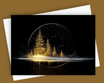 May include: A black background with a gold circle containing a silhouette of a forest with trees and a starry sky. The circle is reflected in a body of water below.