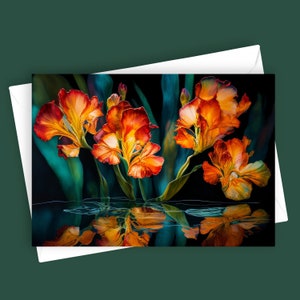 Habitat de lírio de cana extravagante | Cartão de felicitações 5x7 em branco, papelaria floral, design botânico, arte de flores vibrantes, cartão de nota versátil, flores