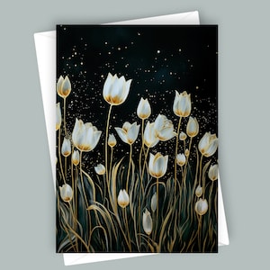 Tulipes la nuit | Carte de voeux vierge 5 x 7, papeterie florale, carte de fleurs élégante, ciel nocturne, voeux unique, intérieur vierge, art botanique
