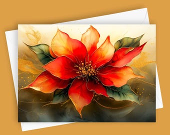 May include: A red poinsettia flower with green leaves and gold accents on a dark background.