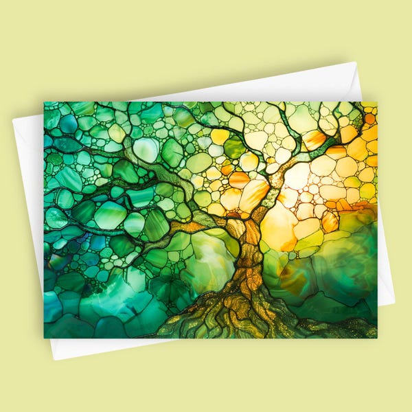 Tree of Life | Neem Tree Card with Stained Glass Effect, Blank 5x7 Nature Stationery