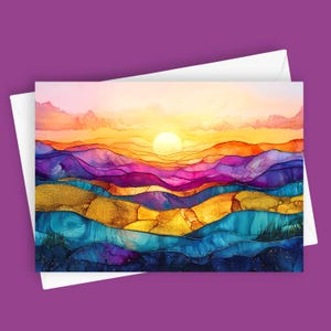 Stained Glass Sunrise | Colorful Landscape Greeting Card with Stained Glass Effect, 5x7 Blank Stationery, Vibrant Watercolor Art