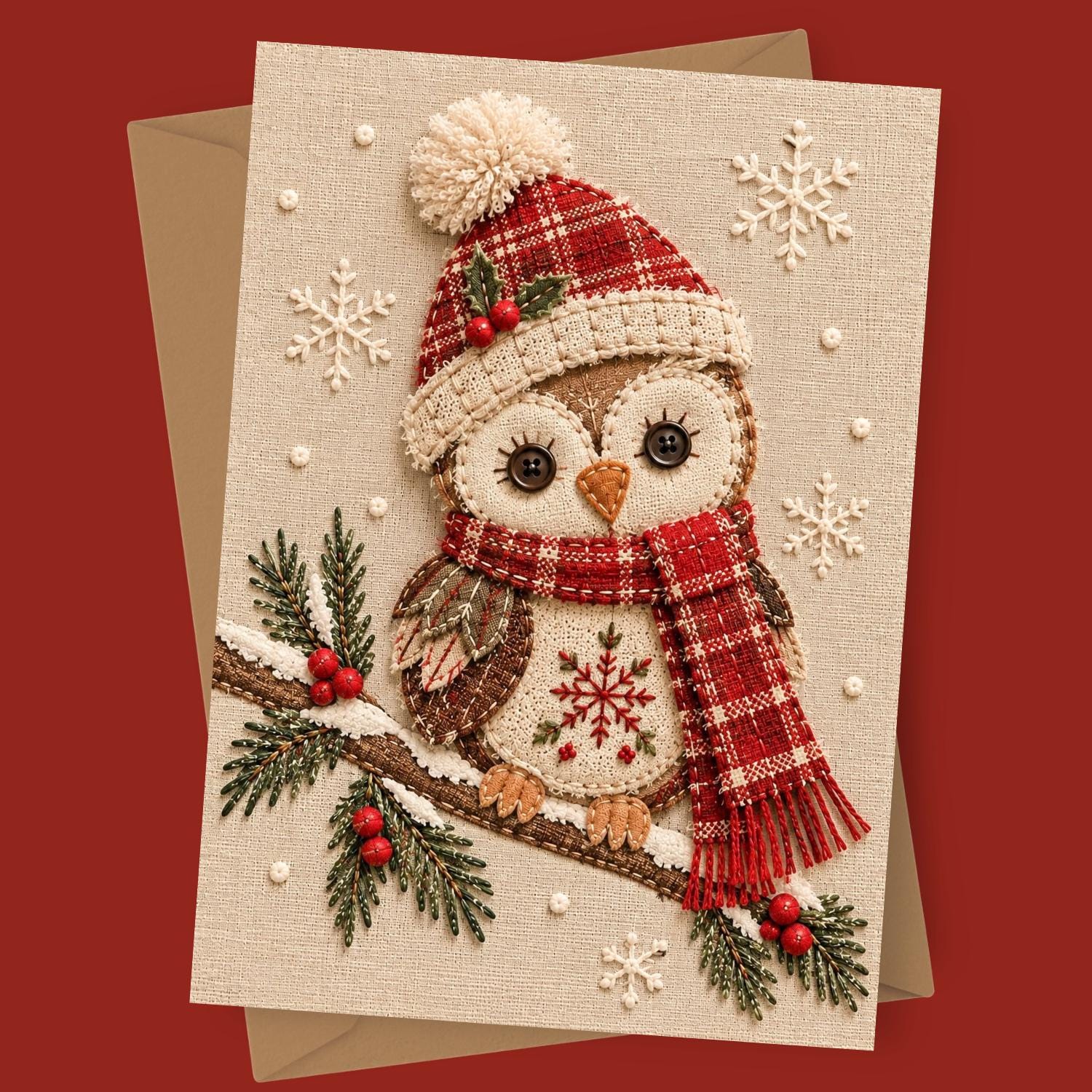 Stitchy Owl | Whimsical Christmas Greeting Card, Sewn Look Textile Collage Blank 5x7 Holiday Station