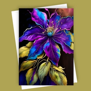ファンシークレマチス #2 | 空白の 5x7 グリーティングカード、花柄の文房具、紫の花のカード、植物アート、ユニークなカード、あらゆる機会、内側は空白