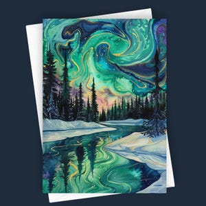 Lapland | 5x7 Blank Greeting Card, Northern Lights Art, Wanderlust Landscape, Aurora Borealis Sky, Winter Forest Stationery, Nature Card