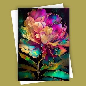 Tarjeta de felicitación en blanco de 5x7 con peonía elegante n.° 1, tarjeta con flores coloridas, papelería floral única, arte de peonía vibrante, tarjeta para cualquier ocasión, en blanco