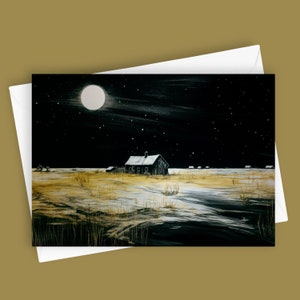 Pradera dorada / Tarjeta de felicitación en blanco de 5 x 7, paisaje iluminado por la luna, cabaña rústica, escena nocturna de la pradera, cielo estrellado, papelería única, tarjeta de naturaleza
