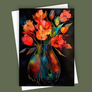 Tulipanes elegantes en un jarrón / Tarjeta de felicitación en blanco de 5 x 7, papelería floral colorida, arte floral elegante, diseño de tulipanes vibrantes, tarjeta para toda ocasión